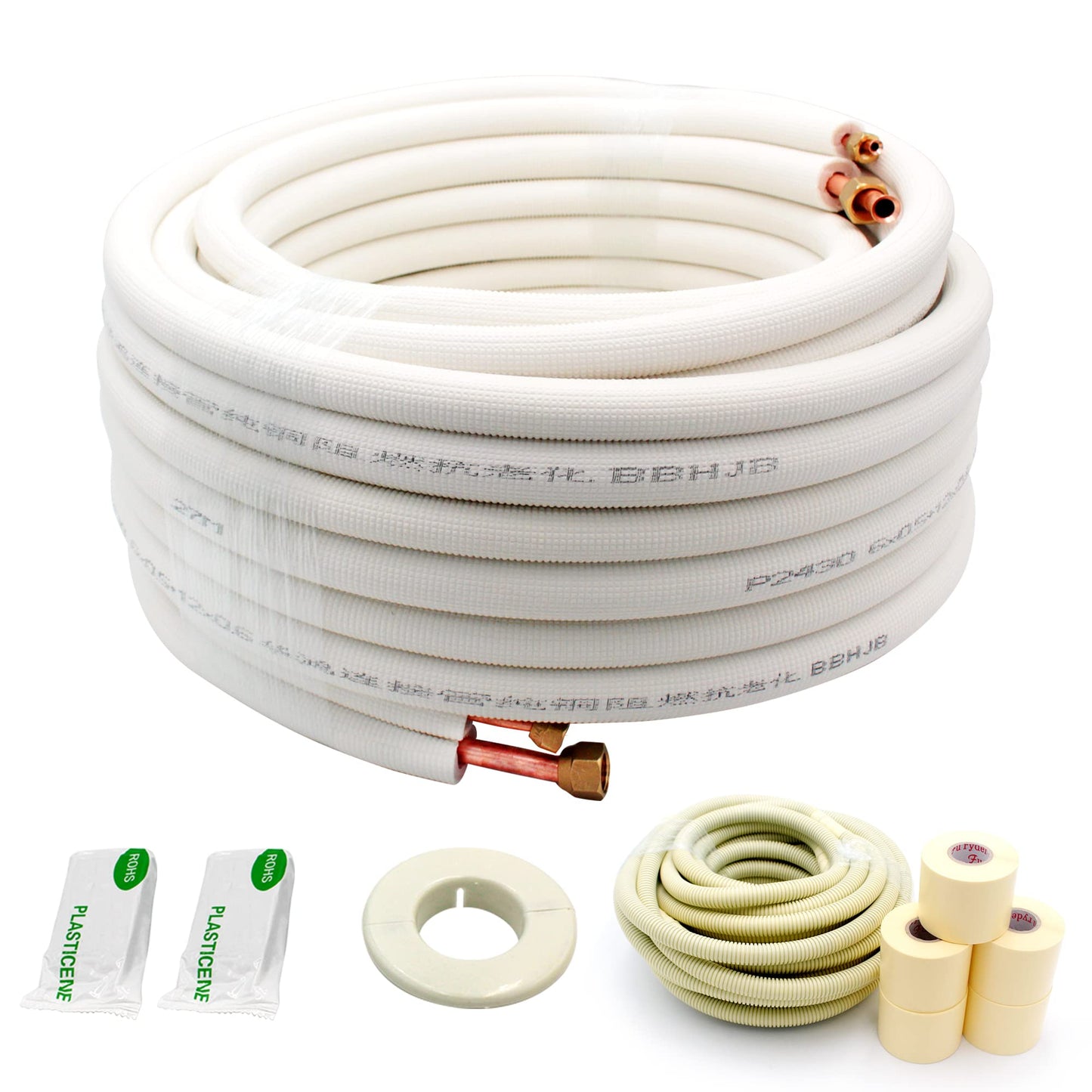 50ft Length Mini Split Line Set,1/4" 3/8" OD Copper Pipes Tubing and 3/8 White PE Thickened Insulated Coil with Flared Nuts for Mini Split Air Conditioner HVAC or Heat Pump System. (50Ft(1/4+3/8))
