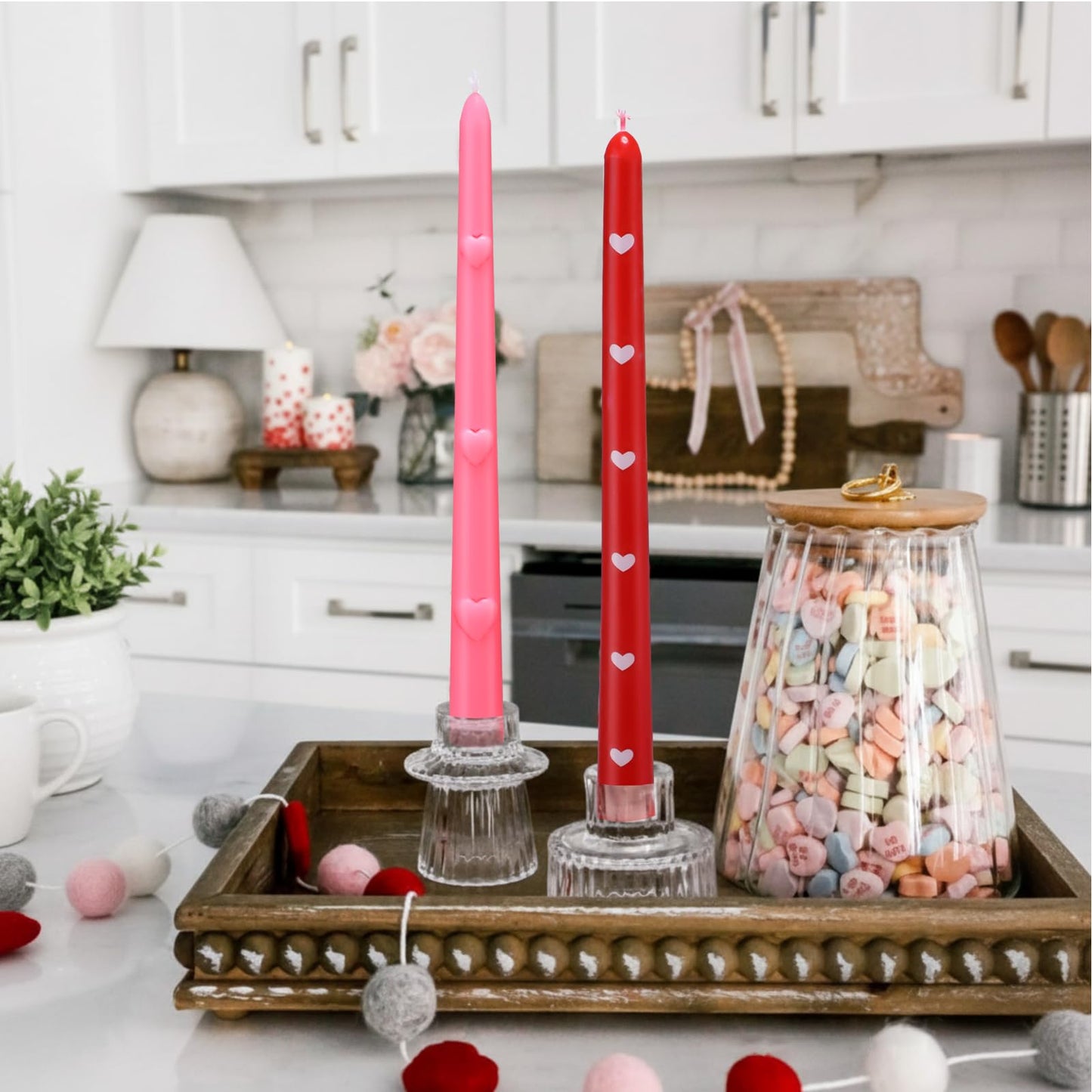 Threlaco 6pcs Pink Red Heart Taper Candle Set 10 Inch Valentine's Candle Sticks Valentines Decorative Candles Long Unscented Candlesticks for Valentine's Day Party Table Anniversary Wedding Decor