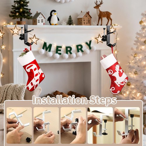 KISOY Fireplace Stocking Holder, Christmas Mantle Garland Hanger, Mantel Hook for Holiday Decorations,Adjustable Fireplace Stocking and Garland Hanger (Branch-Style, 2)