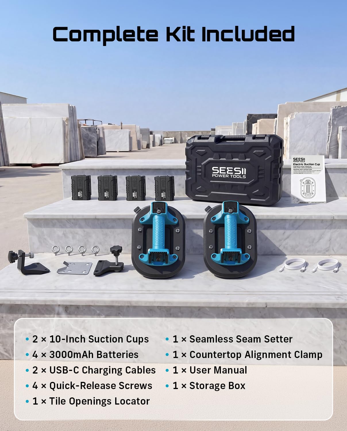 SEESII 4-in-1 Electric Suction Cups for Tile Lifting, Drill, Seam & Leveling: 10" Large Glass Suction Cup, Heavy Duty Vacuum Lifter with 280KG/617LBS Max Load, 4X 3000mAh Batteries, Digital Display