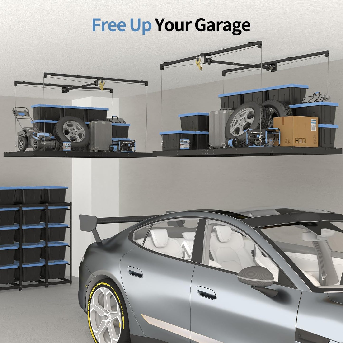 Overhead Garage Storage Rack – 4x8 FT Garage Ceiling Storage Racks with Safety Lock, Heavy-Duty Ceiling Mounted Lift System and Storage Organizer, Ideal for Maximizing Overhead Space, 325 lbs Capacity