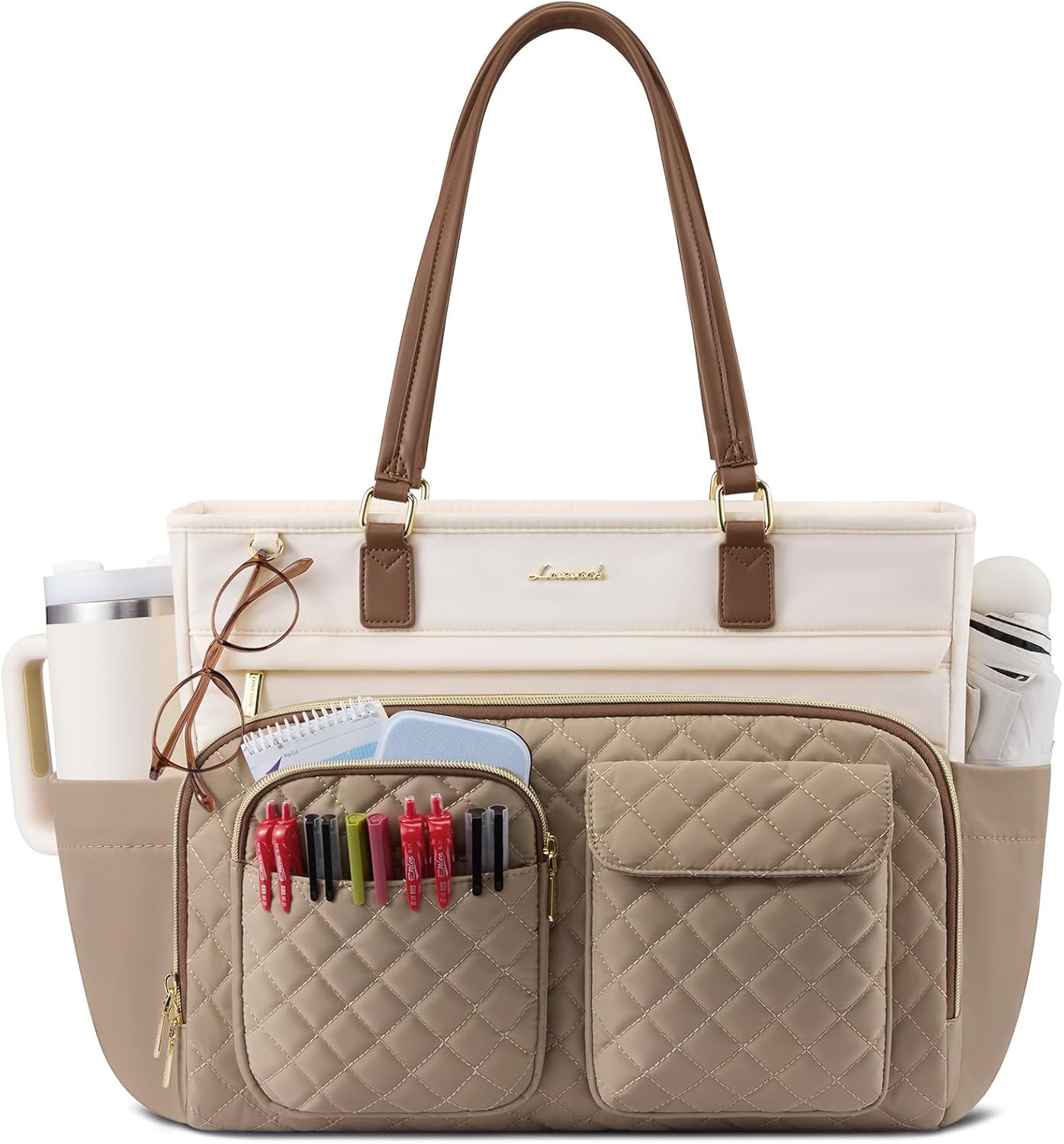 LOVEVOOK 15.6 Inch Tote Bag, Work Bags for Women with Large Cup Holder, Large Capacity Teacher Tote with Multi Pockets