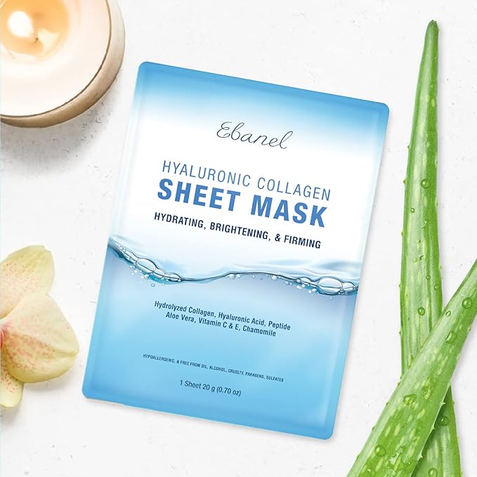 Ebanel 20 Pack Collagen Face Mask with Hyaluronic Acid, Vitamin C, Peptide, Aloe, Instant Brightening Hydrating Face Masks Skincare Korean Sheet Mask, Skin Firming, Lifting Anti Aging Facial Masks