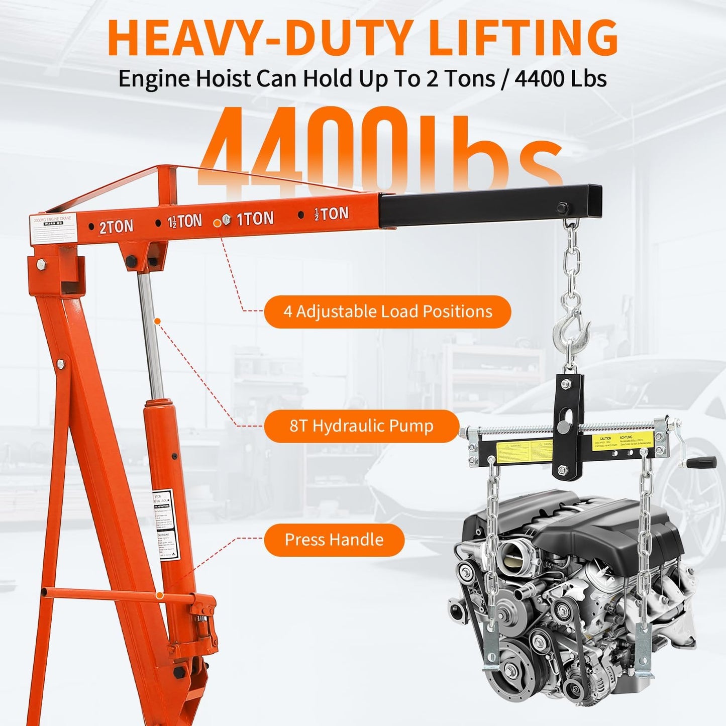 2 Ton Folding Hydraulic Engine Hoist with Load Leveler 4400 LBS Capacity Heavy Duty Cherry Picker 6 Swivel Wheels&Hydraulic Pump Adjustable Boom (0.5T-2T) for Garage Workshop Warehouse Orange