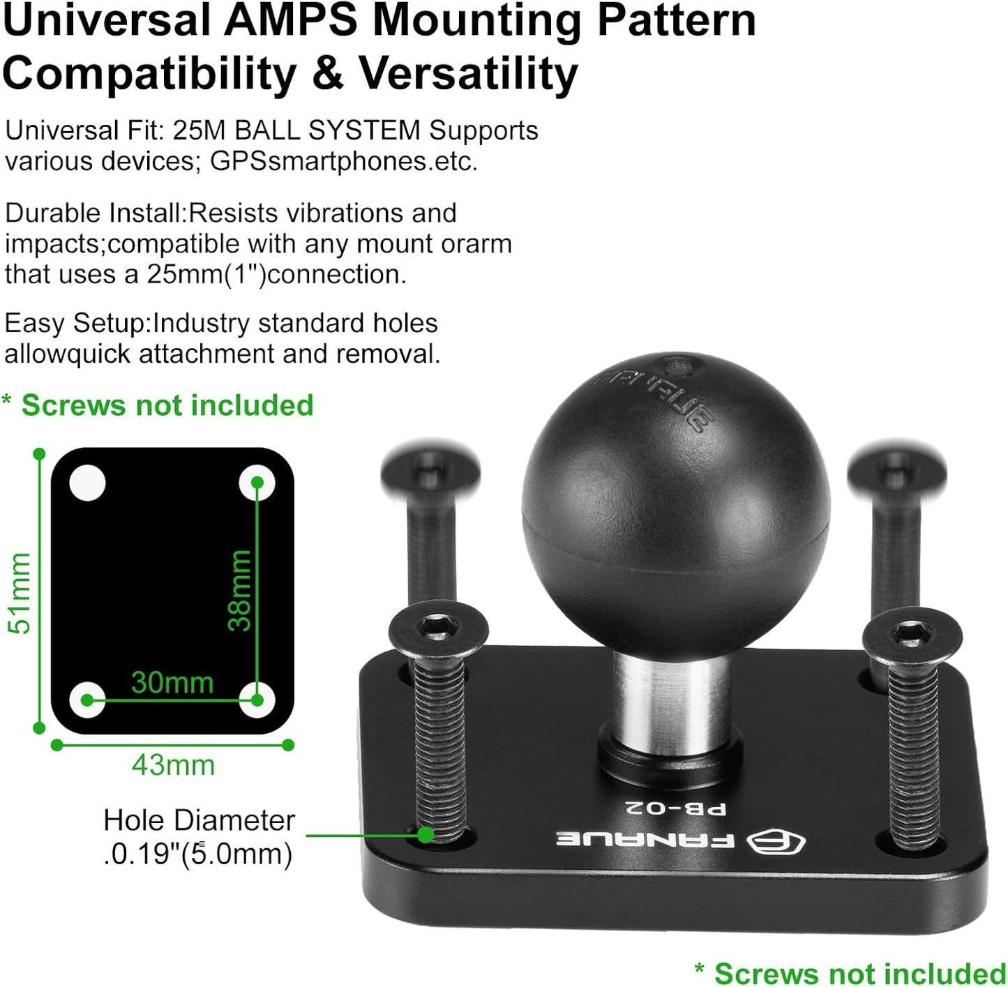 FANAUE Aluminum1'' 4-Hole 1" Ball Mount Base with AMPS Square Plate and Ball Adapter Compatible B Size Double Socket