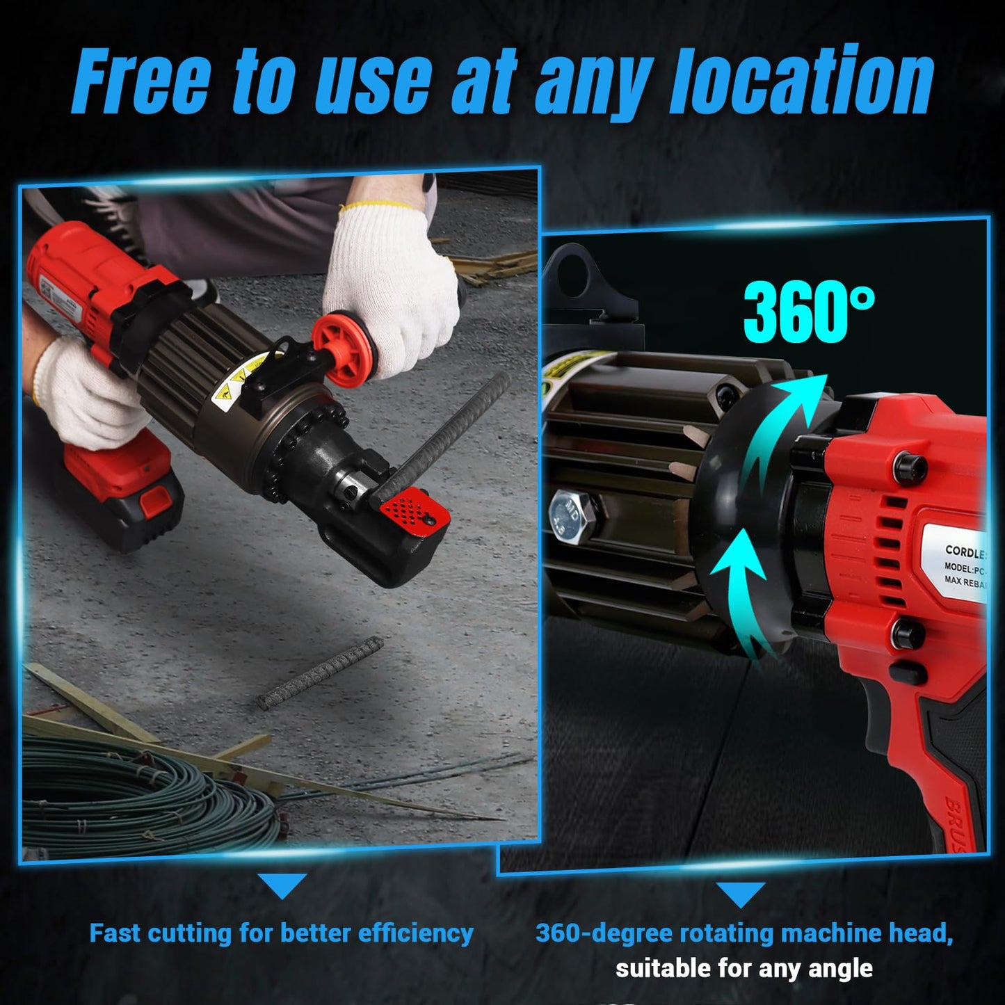 LOSCHEN 360-degree Rotation Cordless Rebar Cutter,Portable Handheld Rebar Cutting Saw,Electric Hydraulic Rebar Cutter,Cutting up from 3/20" #3 to 5/8" #5 (4-16mm) Rebar (Li-ion Battery Version)