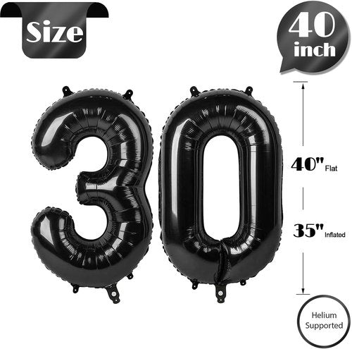 Black Number 30 Balloon - 40 Inch Giant Foil Balloon for 30th Birthday Party Decorations