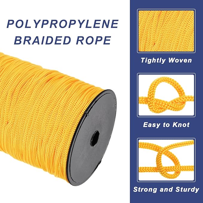 MECCANIXITY 3/16 Inch Polypropylene Rope Braided Ropes, 328ft Nylon Rope Hollow Utility Cord for Clothesline, Camping, Hiking, Outdoor, Light Yellow