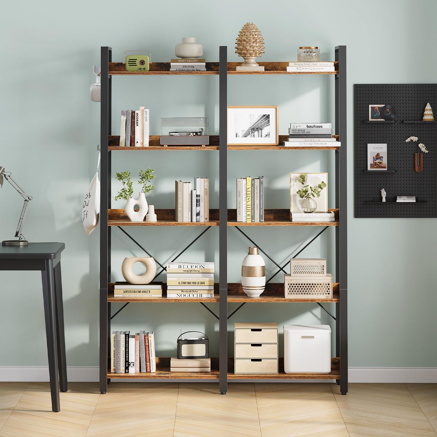 Seventable Bookshelf 5 Tier with 4 Hooks, 63” Industrial Wooden Bookcase, Vintage Storage Rack with Open Shelves, Rustic Standing Bookshelves Metal Frame 43.3” Wide Display Rack, Rustic Brown