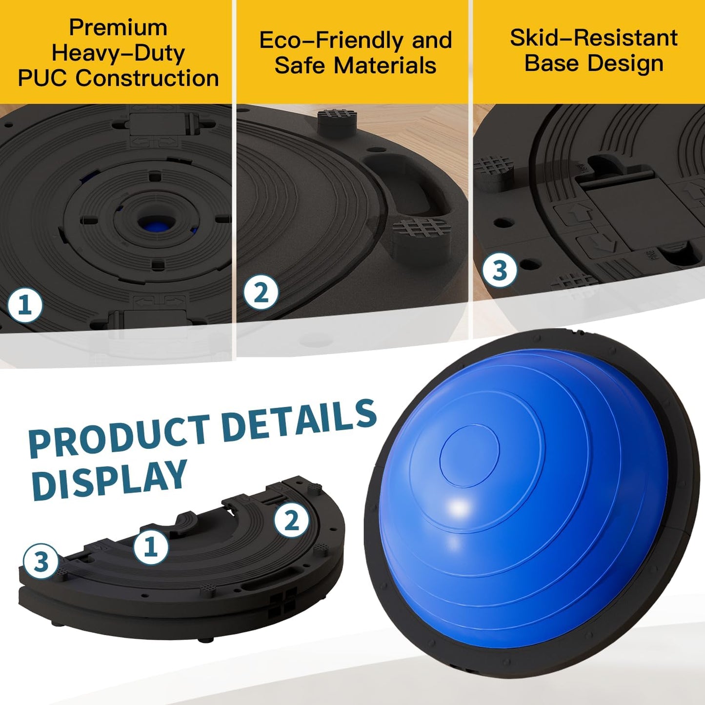 Vtory Foldable Balance Ball, Upgrate Half Ball Balance Trainer, 1300 lbs Capacity Stability Ball, 23.5 Inch Yoga Half Ball, with Resistance Band & Foot Pump, No-slip