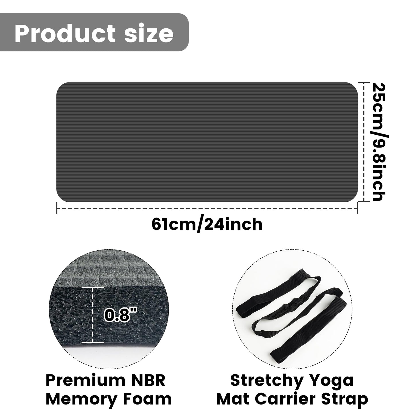 HASSLICKIT Yoga Knee Pad Cushion, 24 x 9.8 x 0.8 in Thick Mini Yoga Mat, Odor-Free NBR Workout Mat with Storage Strap, Small Exercise Mat for Yoga, Pilates, Kneeling, Planks & Home Gym, Black