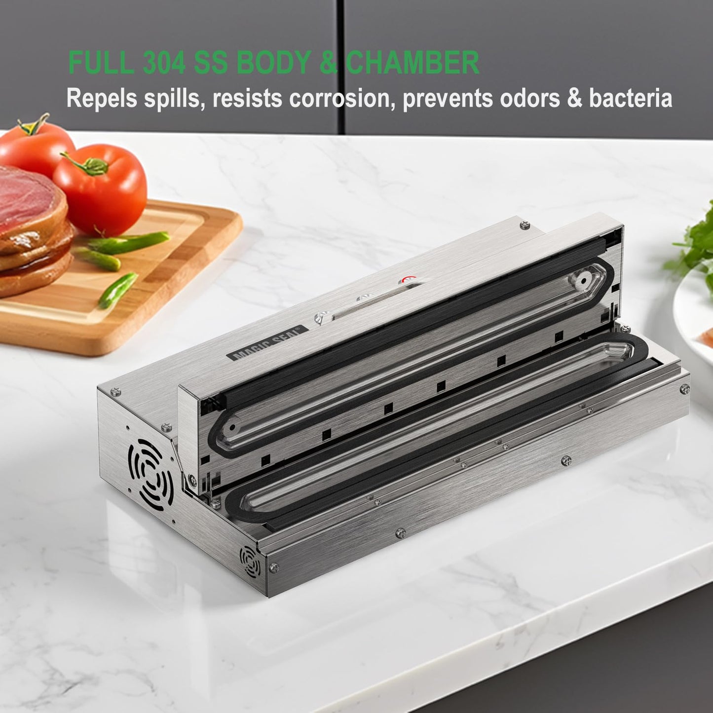 MAGIC SEAL 16'' Commercial Vacuum Sealer - All 304 Stainless Steel Constructed Automatic Vacuum Packaging Machine for Food Storage, 95kPa 400W, Easy-lock Handle, 450 Continuous Seals -MS450