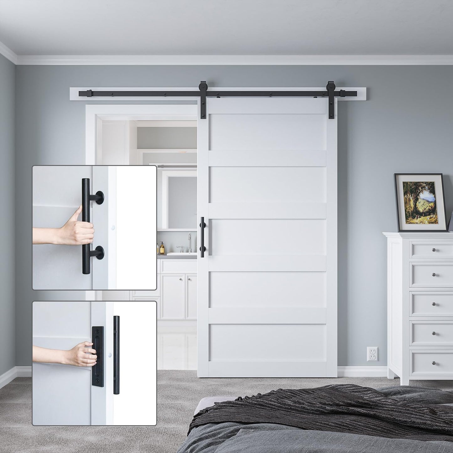 COSHOMER 42in x 84in Sliding Barn Door with 7ft Barn Door Hardware Kit & Handle, Pre-Drilled Holes Easy Assembly -Solid Barn Door Slab Covered with Water-Proof PVC Surface, White, 5 Panel
