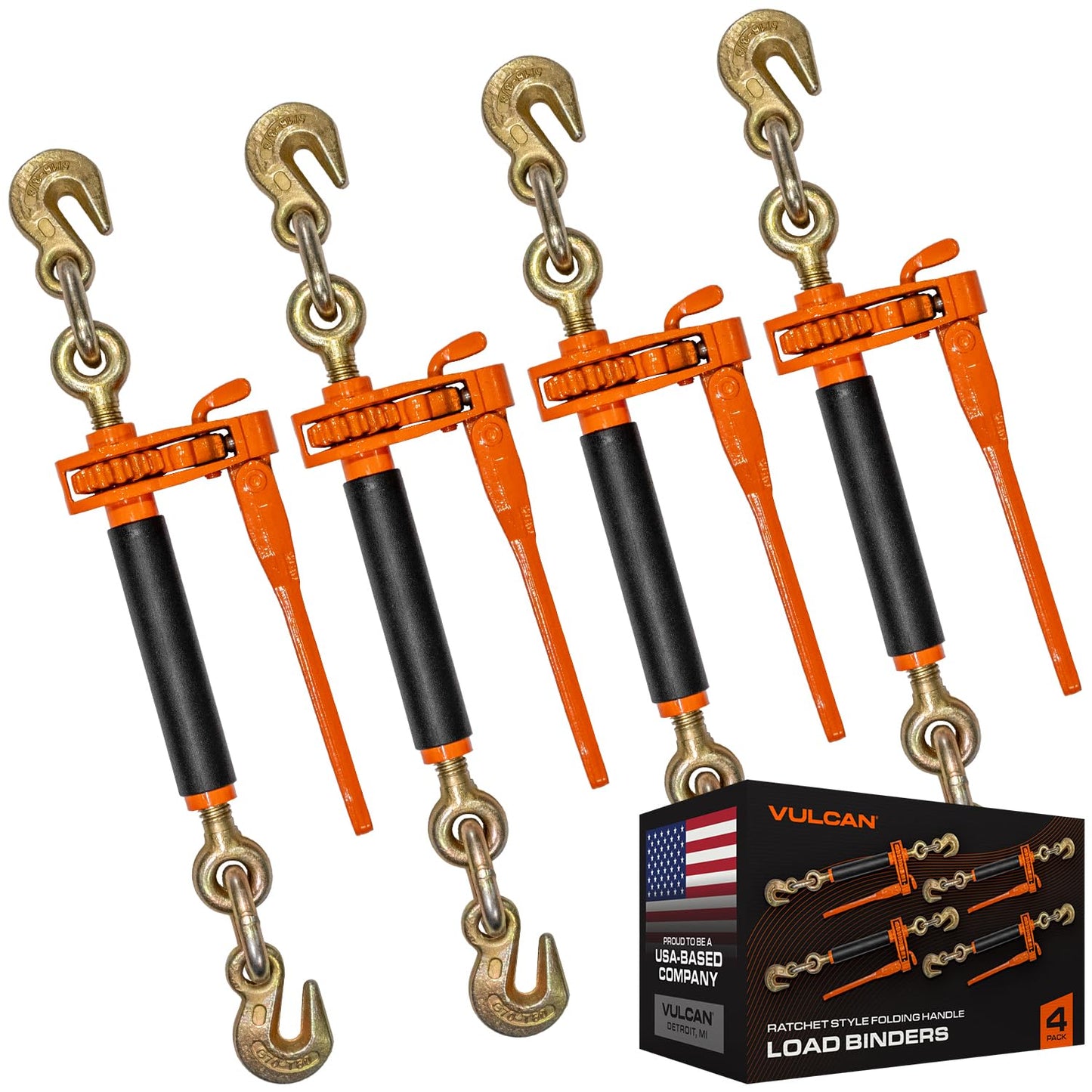 VULCAN Folding Handle Load Binder (Four Pack) with 2 Grab Hooks - Ratchet Style - 7100 Pound Safe Working Load (Works with 5/16 Inch or 3/8 Inch Grade 70 and Grade 80 Chain)