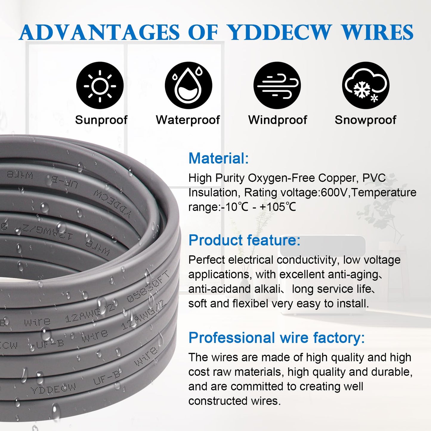 YDDECW 12/2 UF-B Wire - 100FT 100% Pure Copper 12AWG 2 Connector Direct Burial Electrical Cable 12 Gauge for Underground Feeder Wet or Corrosive Locations Indoor & Outdoor etc
