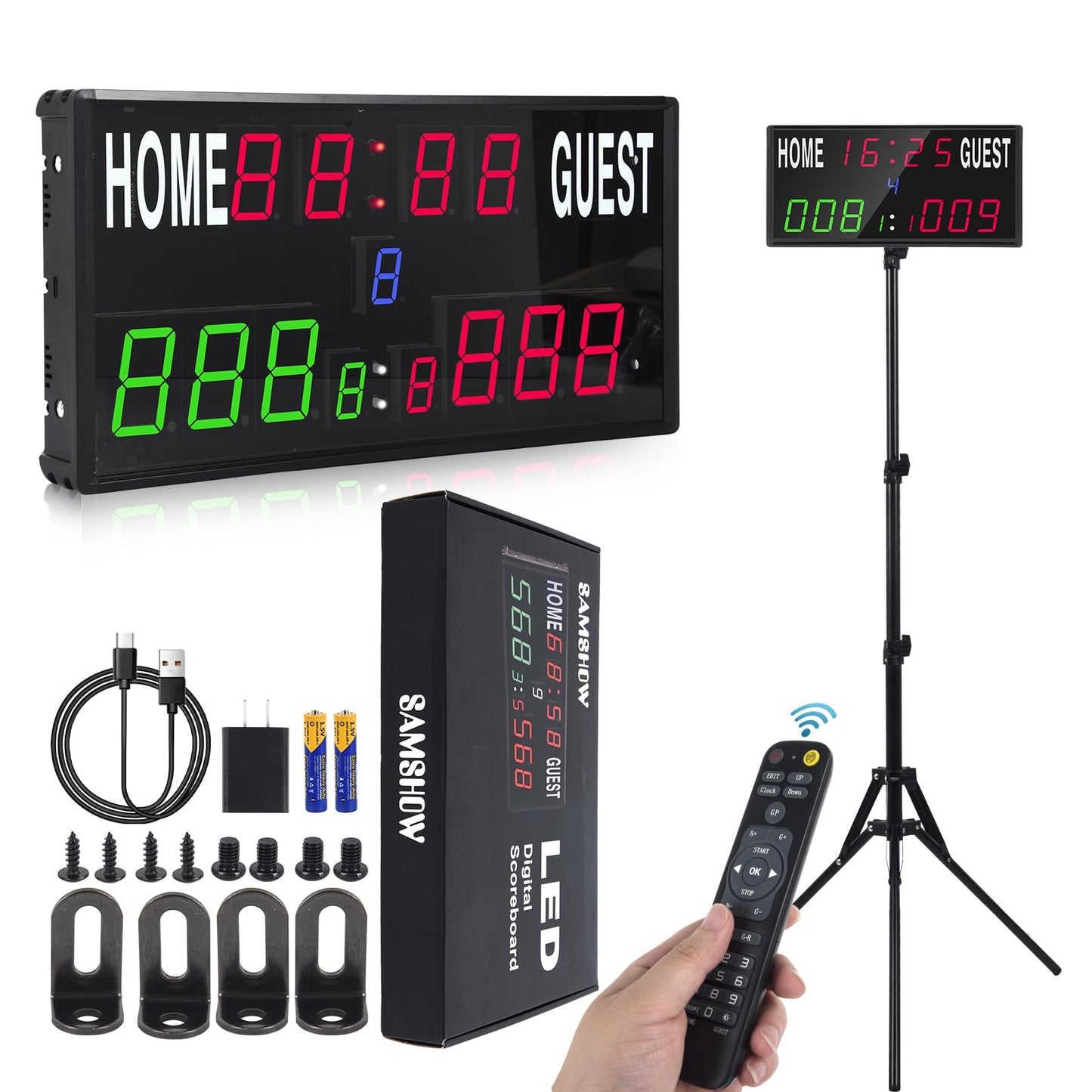 Samshow 2025 LED Electronic Scoreboard Digital Score Keeper with Remote & Tripod, Basketball Scoreboard with Shot Clock & Timer & 12/24h Real Time for Outdoor Yard Games/Corn Hole/ping Pong/Pickleball
