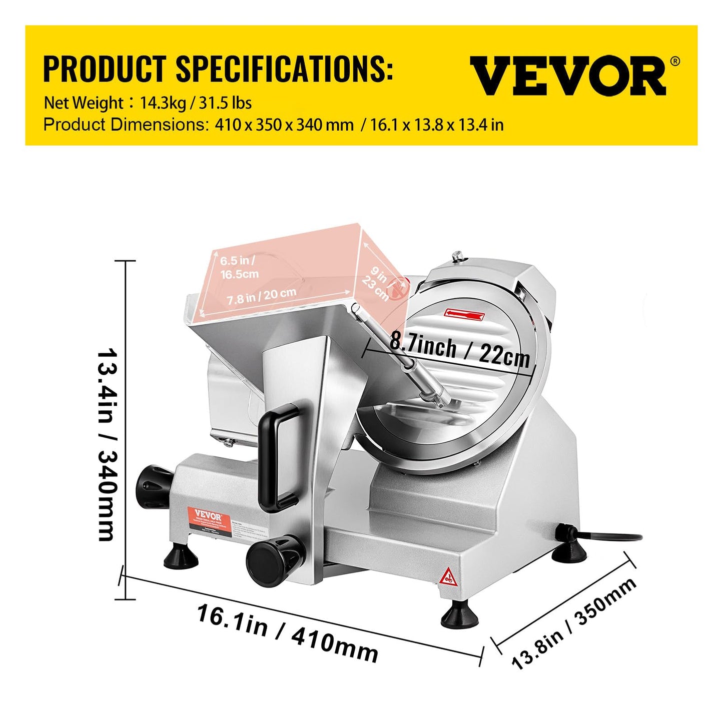 VEVOR Commercial Meat Slicer, 200W Electric Deli Food Slicer, 0-12mm Adjustable Thickness Electric Meat Slicer, 350-400RPM Slicer with 8.7'' Chromium-plated Steel Blade for Home & Commercial Use