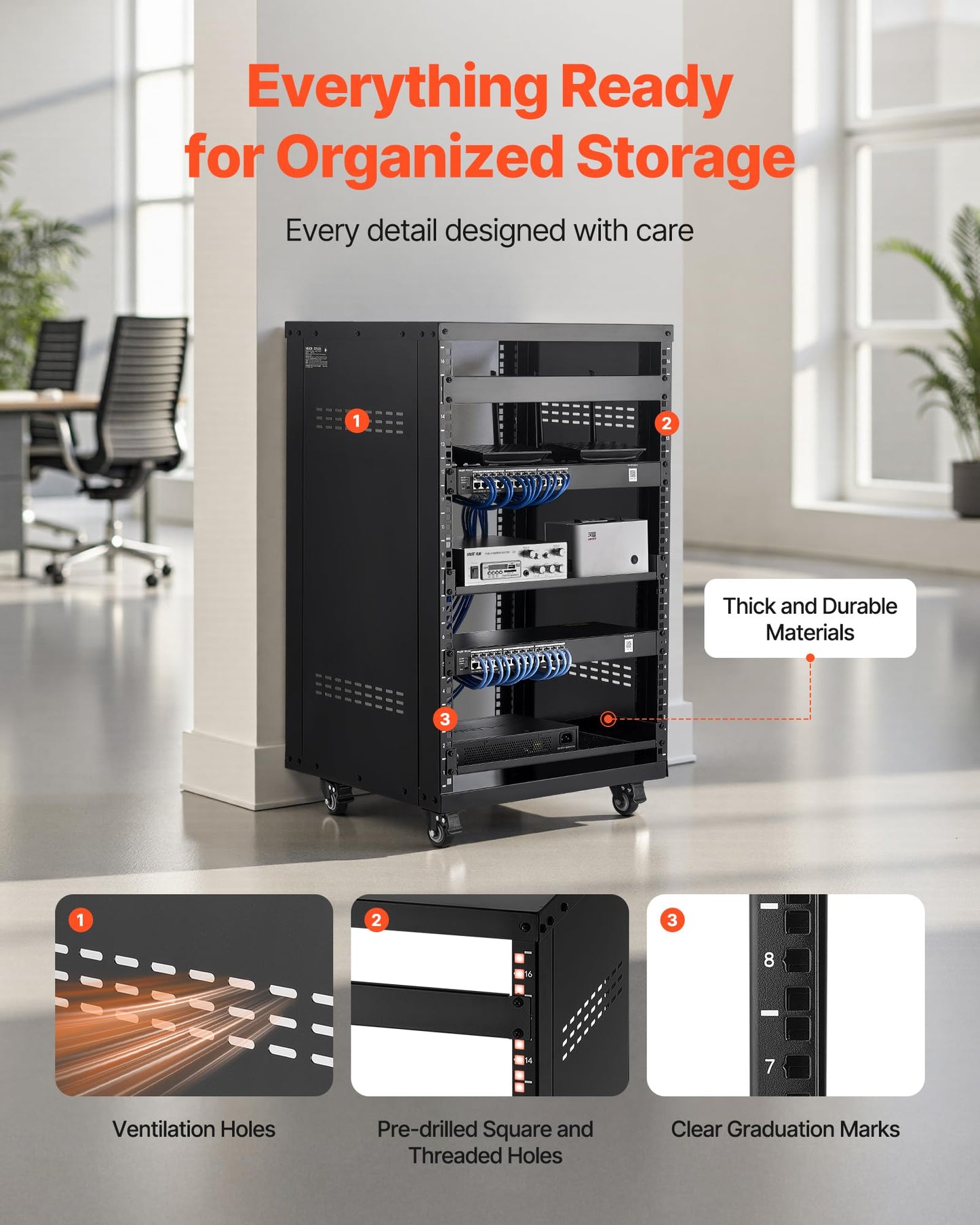 VEVOR 16U AV Rack, Recording Studio Rack Cabinet, Open Frame Server Rack with Locking Caster Wheels, Removable Side Panels & Vent Design for 19" Network, Audio, Video, IT & Network Equipment Mounting