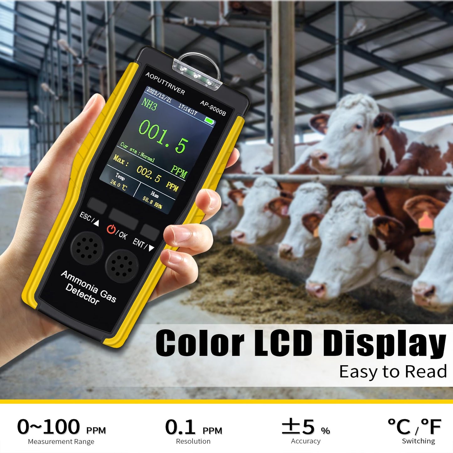Indoor Air Quality Monitor,Ammonia Gas Detector 0~100 PPM NH3 Monitor| Farm, Poultry, Pig & Livestock,Large LCD Display, Sound & Light Dual Alarms AP-9000B