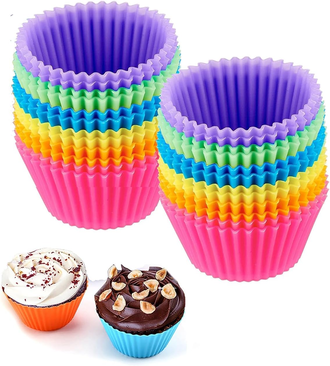 Skiennix Reusable Silicone Cupcake Baking Cups - 24 Pack, Non-Stick Muffin Liners in 6 Rainbow Colors