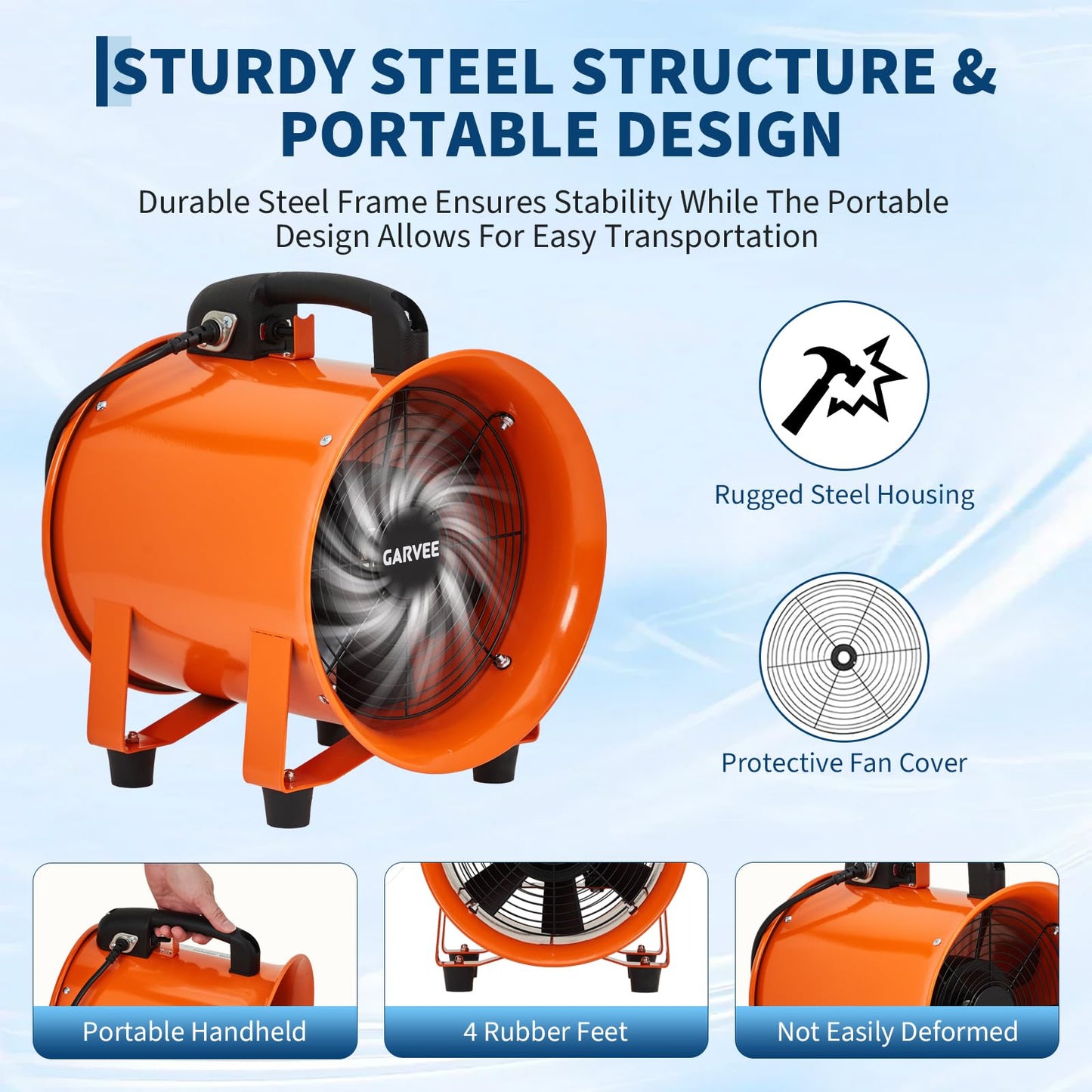8 Inch Utility Blower Fan, Portable Air Mover Blower Fan with 32.8 ft Flexible Duct Hose, 1100 CFM Low Noise Portable Industrial Exhaust Fan/Extractor/Ventilator for Basements Workshops Warehouses