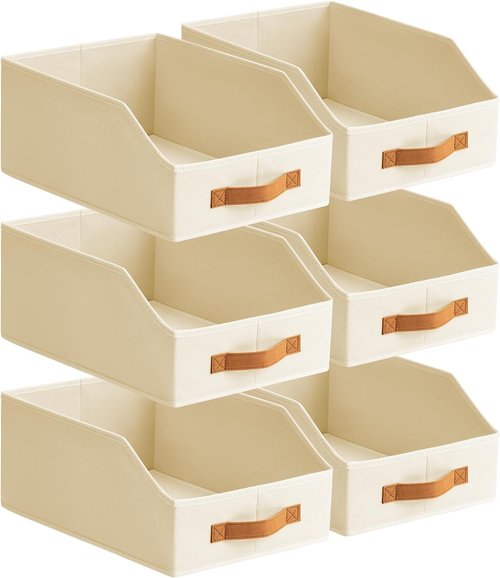 Homsorout Fabric Storage Bins - 6 Large Collapsible Trapezoid Organizers with Front Handle | Beige