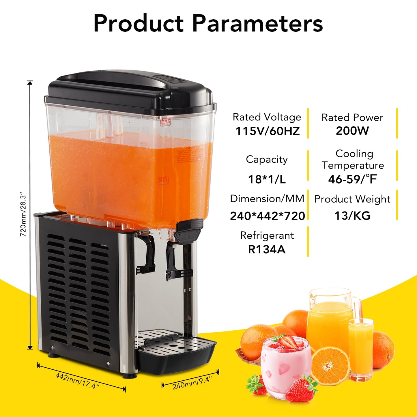 Commercial Beverage Dispenser, 4.8 Gallon 18L Single Tank 150W Commercial Juice Dispense, Food Grade Material Stainless Steel, Drink Dispenser for Parties, Restaurants & Hotels