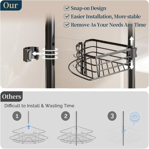 Consumest Corner Shower Caddy Tension Pole - Rustproof Adjustable Bath Organizer with Towel Bar & Soap Holder, 27.6-108.3 Inch, Black