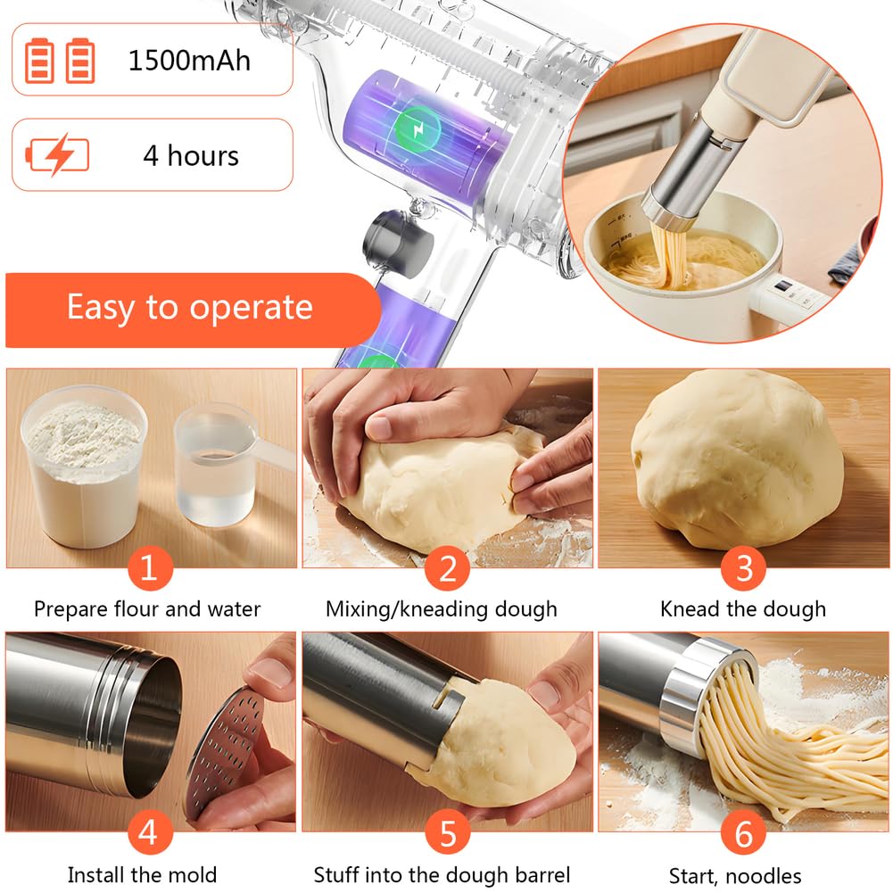 QCQDL Electric Pasta Maker, Handheld Pasta Maker Machine, All-In-One Cordless Noodle Machine, with Shaping Molds And Cutter,White