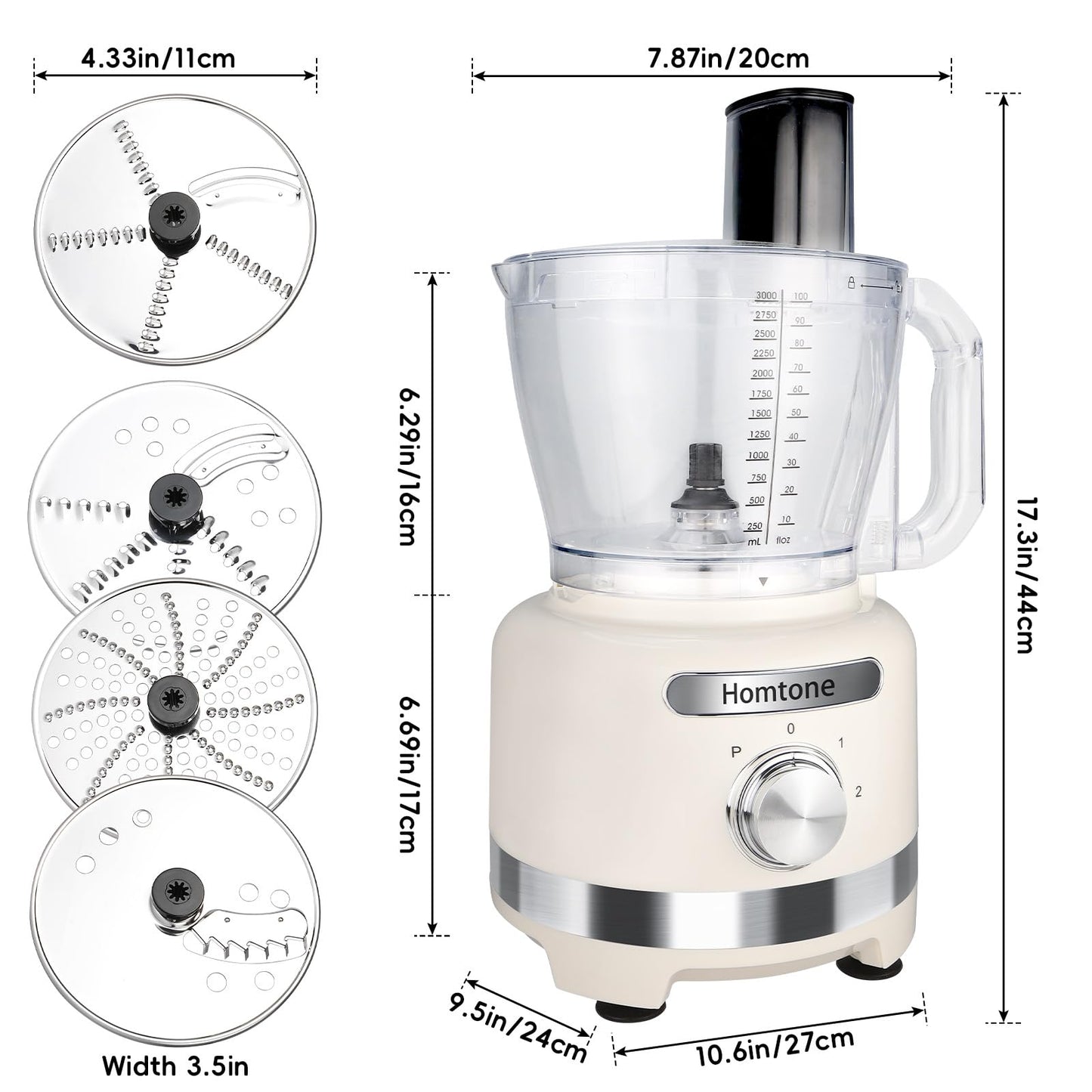 Homtone 16-Cup Food Processor, Heavy-Duty 9-Function Appliance with 7 Blades & 3 Speeds for Dough Kneading, Meat Chopping, Slicing, Shredding & Making French Fries, 600W (White)