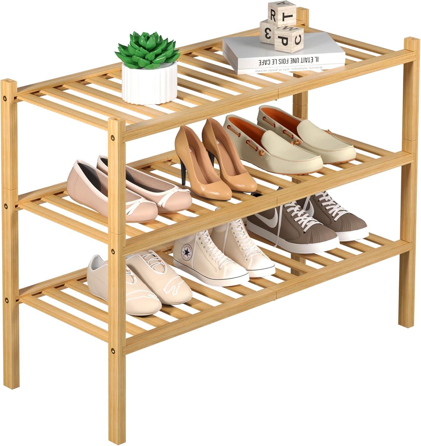 ROMGUAR CRAFT 3-Tier Bamboo Shoe Rack - Stackable Wood Storage Organizer for Small Spaces | 27"x11"x20" (Natural)