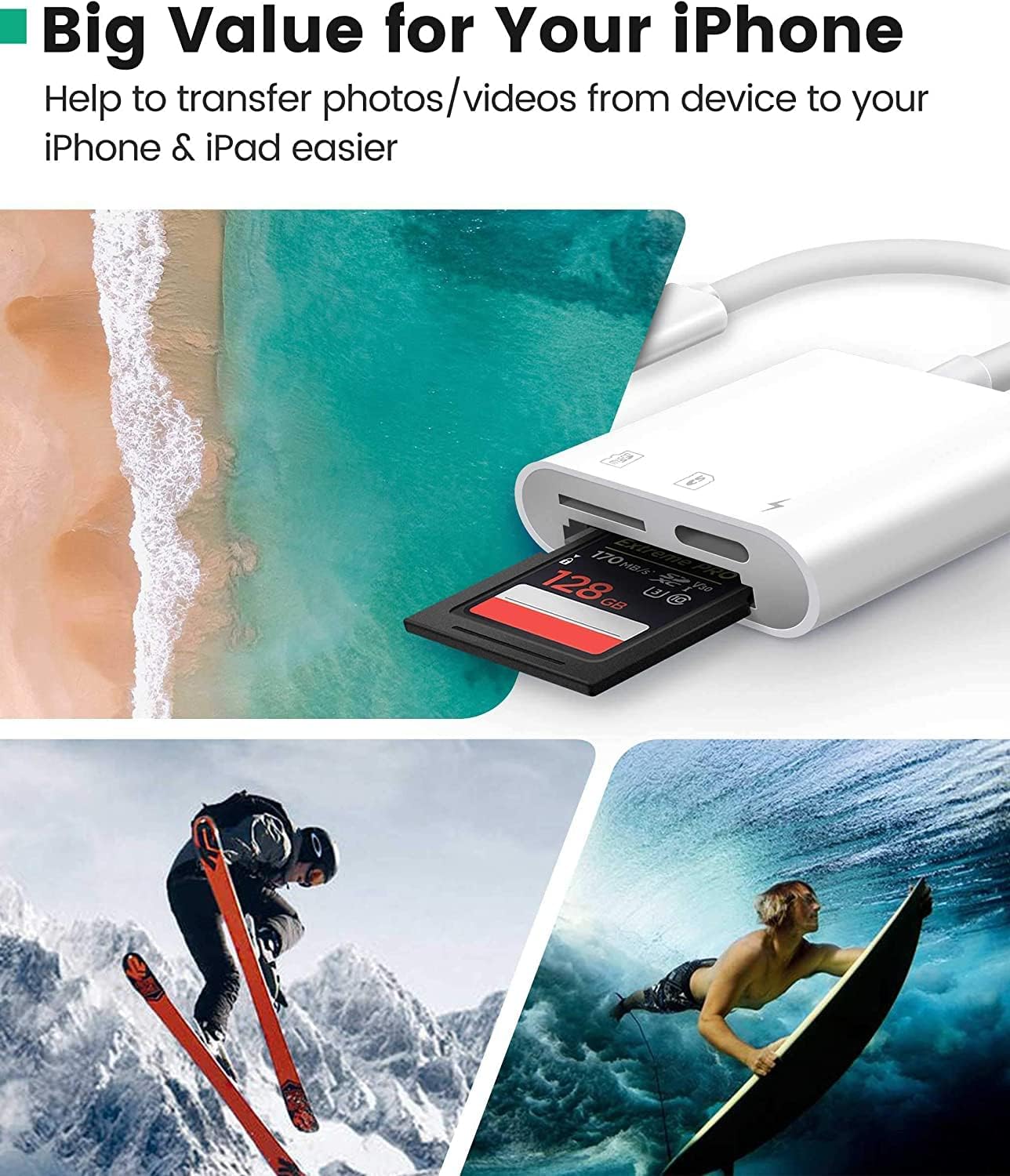 esbeecables SD Card Reader for iPhone iPad, Trail Game Camera SD Card Viewer with Dual Slot Simultaneous Charging