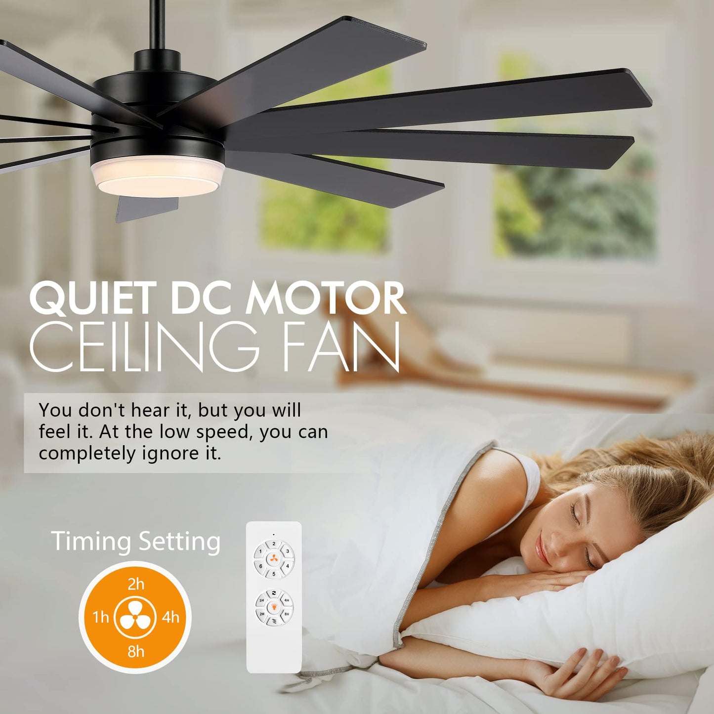 LEDLUX 84" Ceiling Fan with Light, 6-Speed Remote Control, Reversible DC Motor, Modern 9 Plywood Blades Black with 4.5"/12"/24" Downrods for Home or Commercial, Living Room/Restaurant