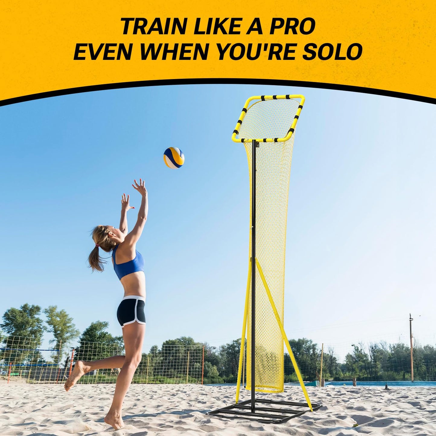 Dimples Excel 10.5 FT Adjustable Volleyball Setter Training Net with 3 Height Levels and 5 Ball Return Angles (70°–180°), Includes Volleyball, Pump, Carry Bag & Sandbags for Indoor/Outdoor Practice