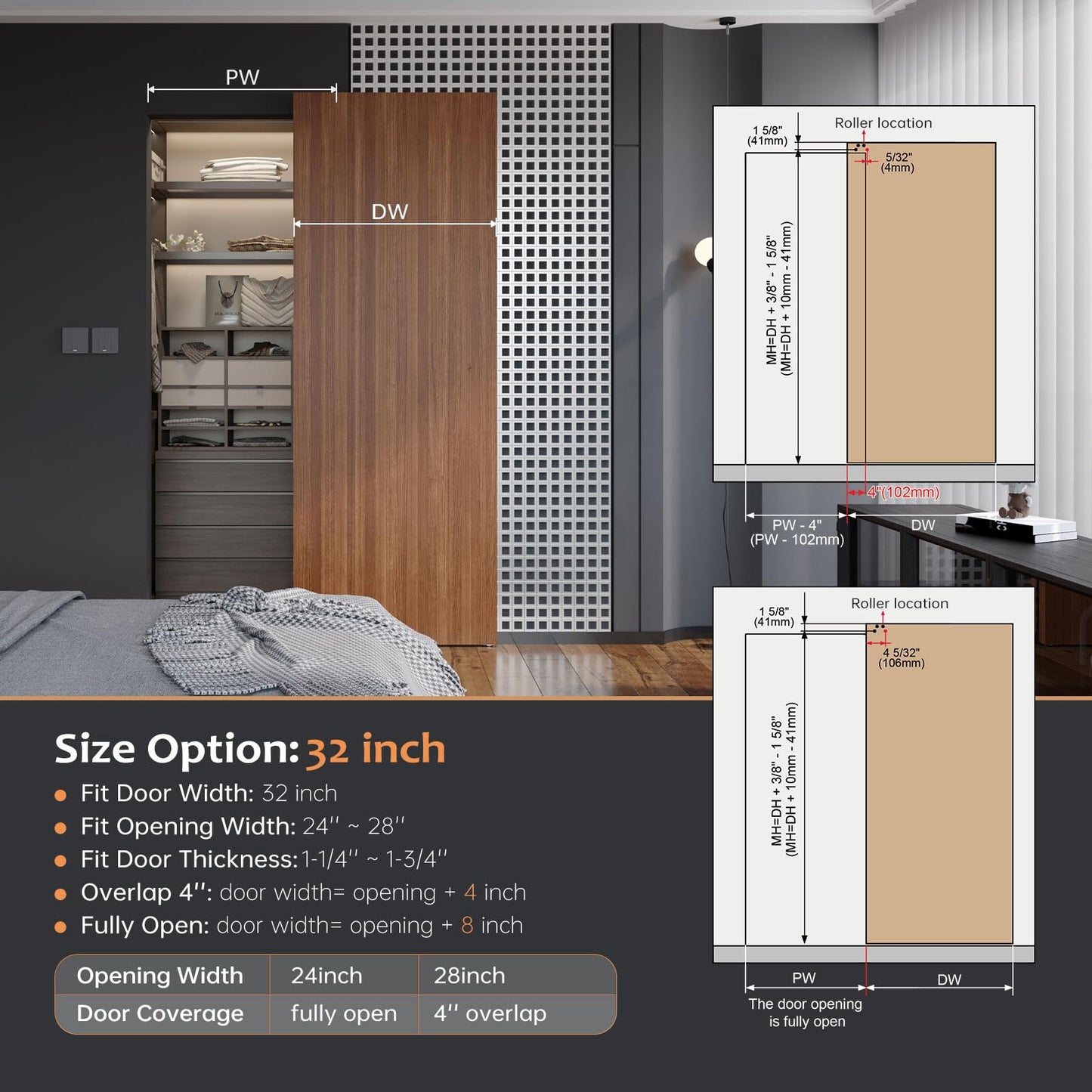 FINOSEN 32inch Concealed Sliding Barn Door Hardware with Soft Close Mechanism, Invisible Floor Track, Fit MIN Opening Width 24in, Wall Mount System, Aluminum(Door is not Included)