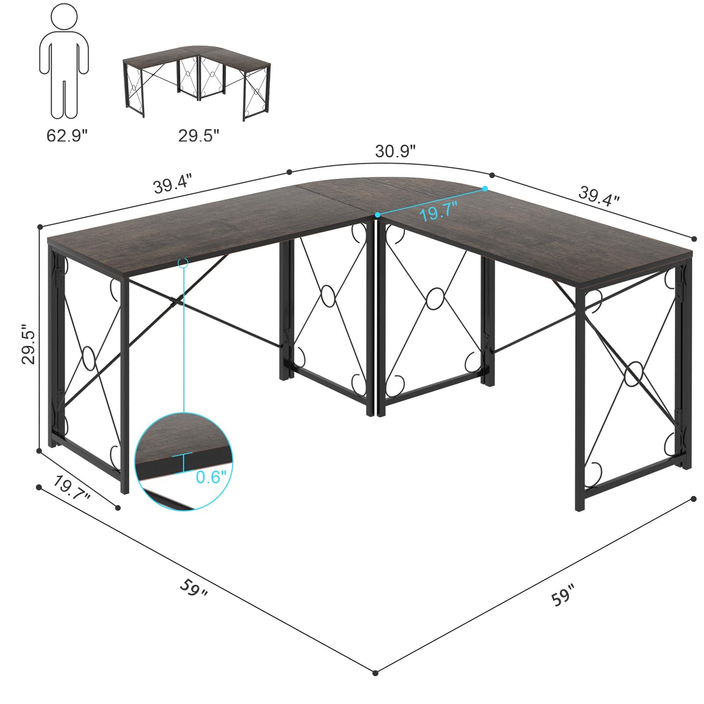 VECELO 59" L Shaped Computer Desk, Corner Computer Desk, Sturdy Home Office Computer Table for Small Space, Writing Desk, Larger Gaming Desk Workstation,Oak Gray