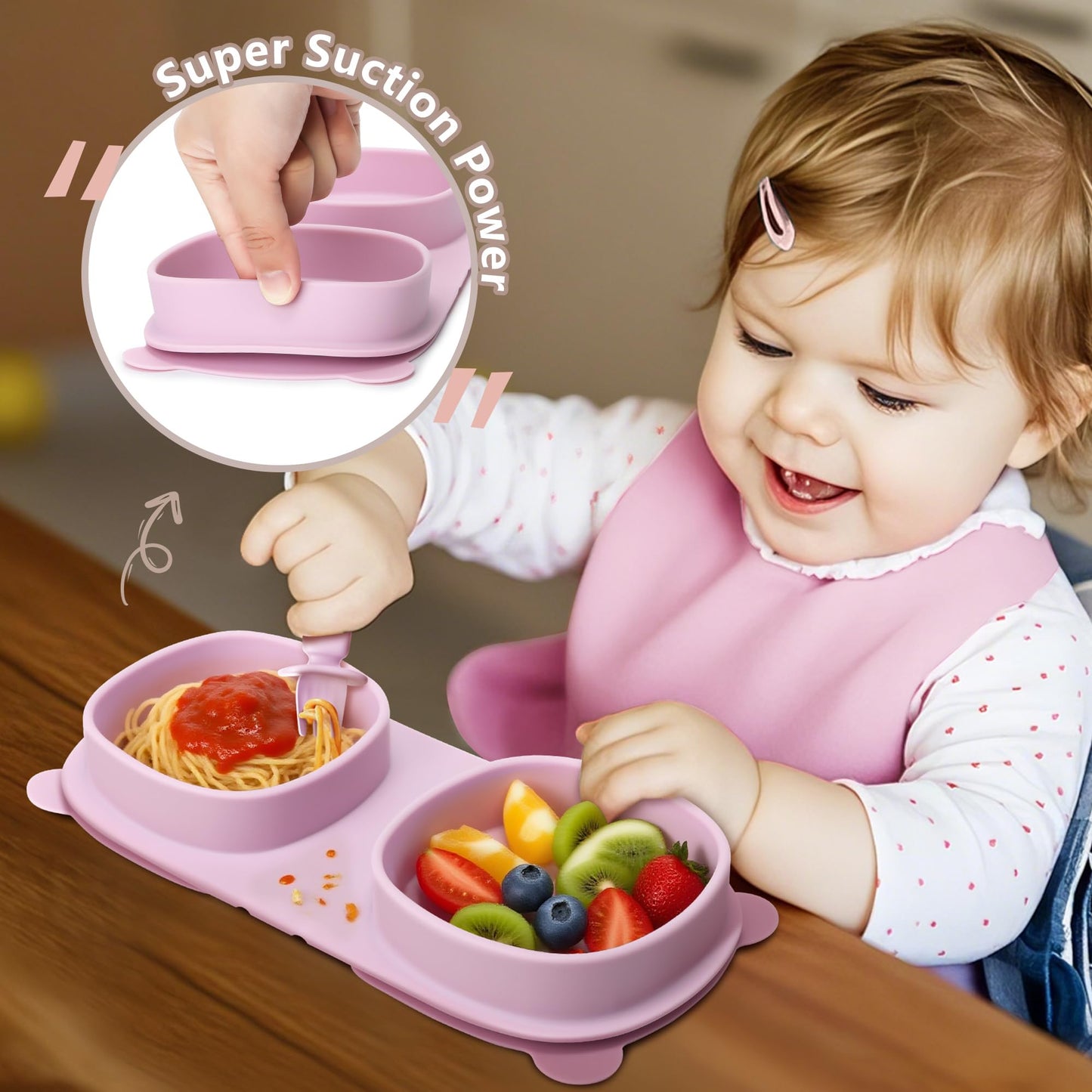 yahaa Baby Plates with Suction with Forks and Spoons, Foldable Silicone Toddler Plates, Baby Travel Essential, Microwave & Dishwasher Safe, Purple