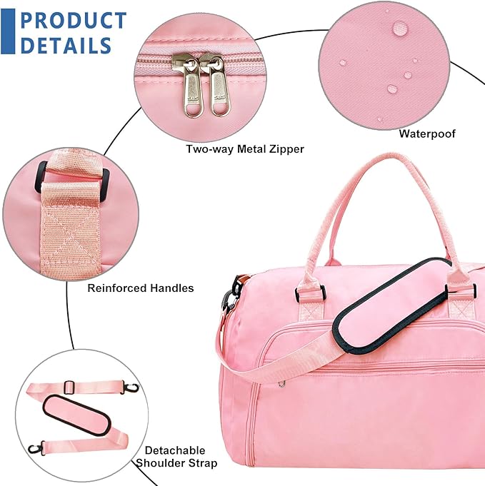 woogwin Small Gym Bag for Men & Women with Shoes & Wet Compartment Waterproof Duffle Bag for Travel Sports Workout Overnight Weekender(17.7'',Pink)