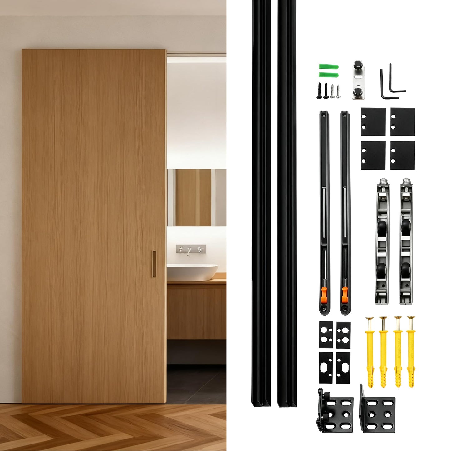 ZOYACREATE Trackless Concealed Sliding Ghost Door, 47 Inch Hidden Invisible Barn Door Hardware Kit