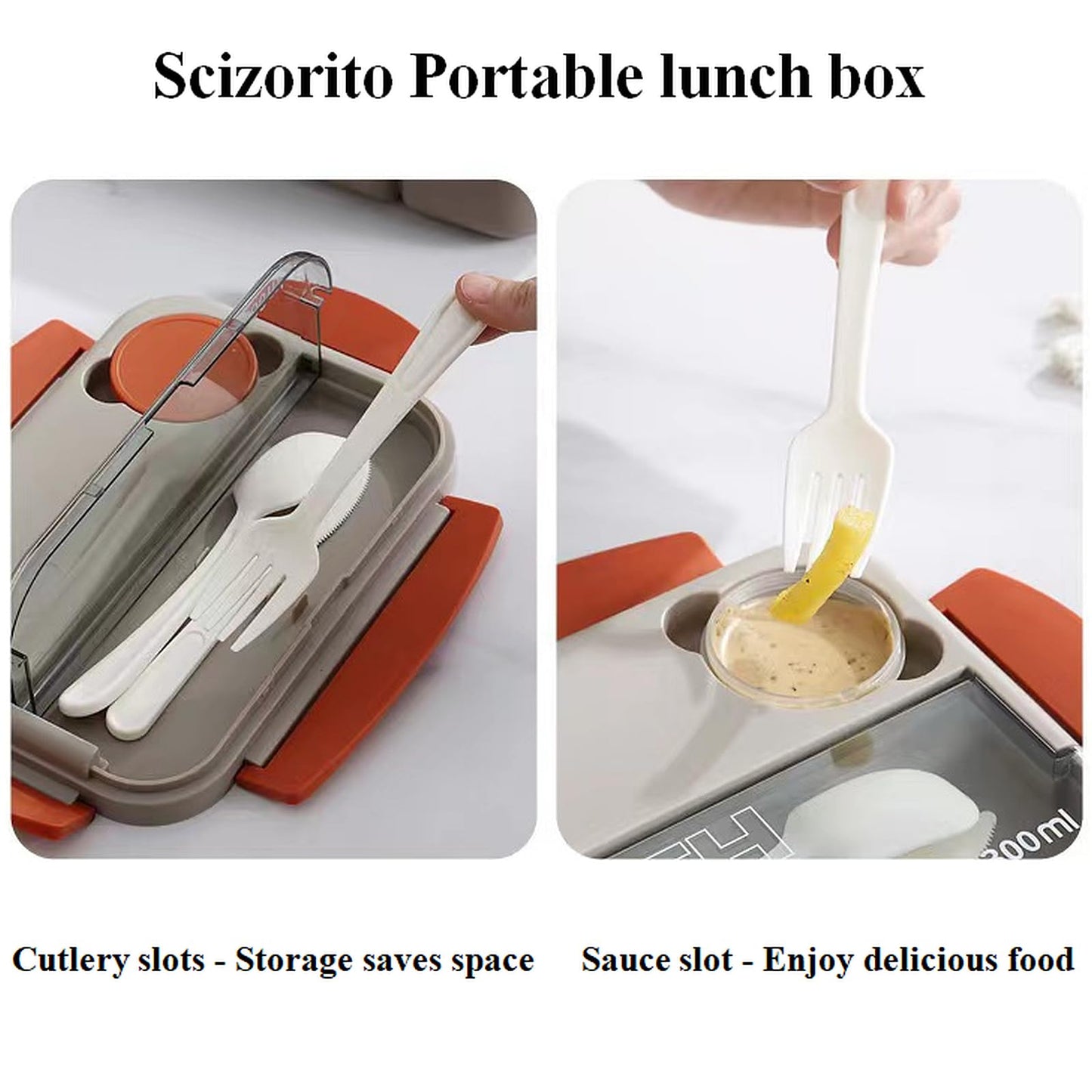 Scizorito Bento Box Adult Lunch Box, 44 oz Containers with 4 Compartments, Lunchable Food Container with Utensils, Sauce Jar, Microwave & Dishwasher Safe (White-Grey)