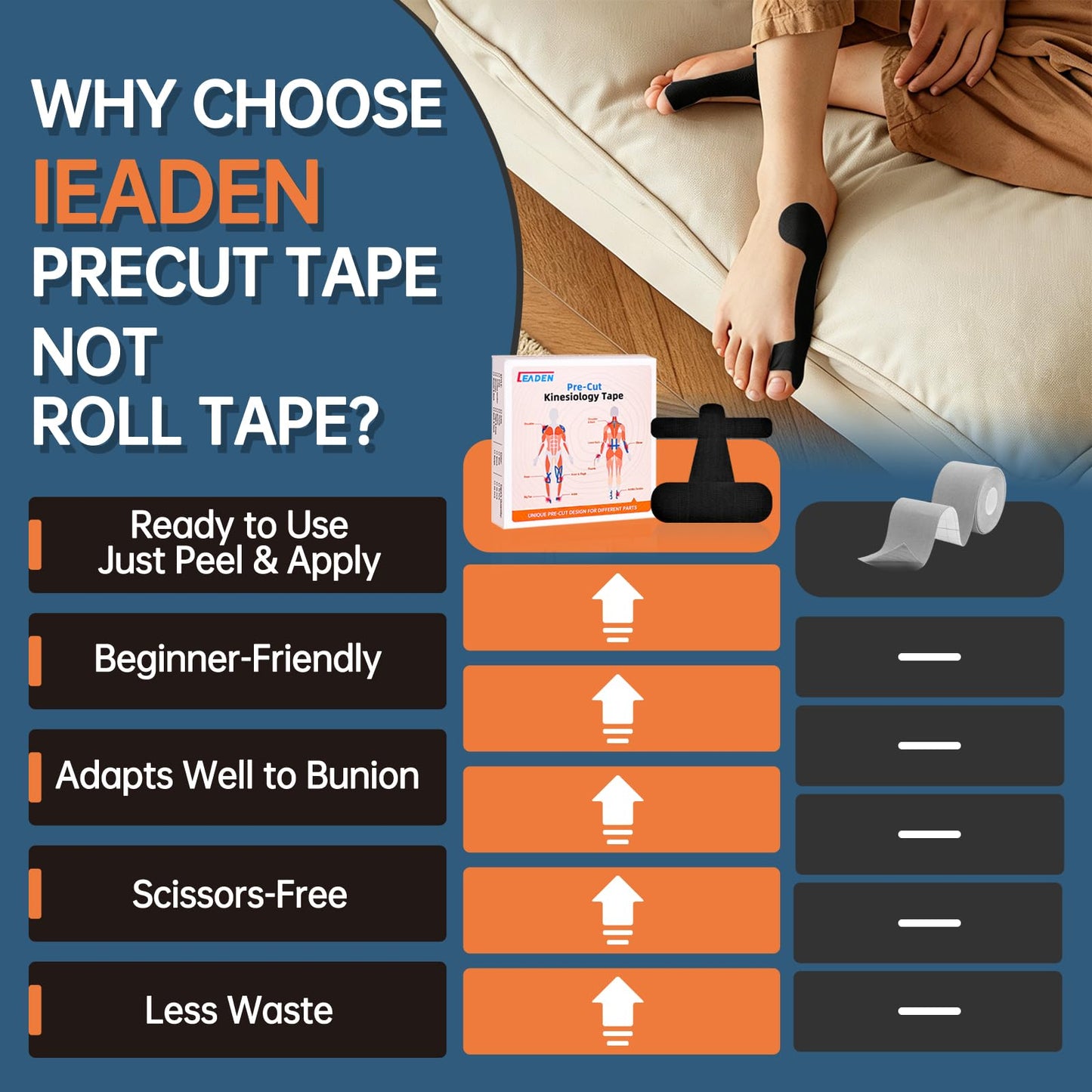 IEADEN Precut Kinesiology Tape for Bunion, 40 Pcs, Bunion Corrector, Big Toe Support and Pain Relief, Breathable Hypoallergenic Latex-Free Tape (Black)