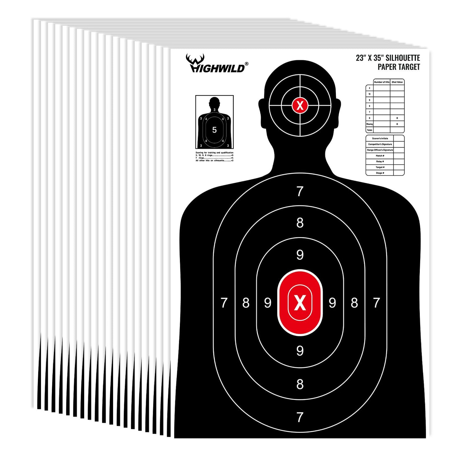 Highwild Shooting Range Silhouette Paper Target - 23X35 Inches - Suitable for Handguns, Rifles, Airguns, BB Guns (20 Pack, White & Black)