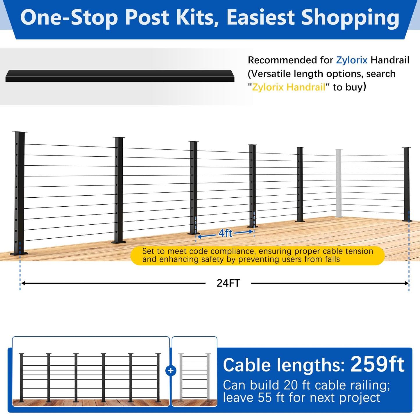 Zylorix 36" Modular 20-24FT Black T304 Cable Railing Post Kit, Complete Cable Railing System with 6 Level Posts & 259ft 1/8" Wire Rope(No Handrail), Adjustable Length Easy DIY for Decks/Porch