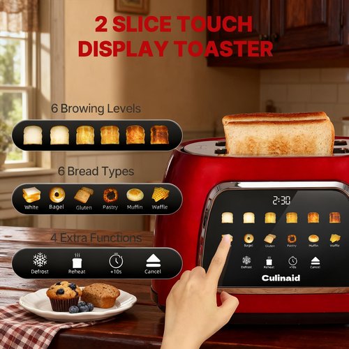 Culinaid Toaster 2 Slice Smart Touch Screen, Retro 1.5'' Extra Wide Slot Stainless Steel Digital Bread Toaster with Memory Function, Bagel, Defrost, 6 Browning Levels and Removable Crumb Tray, Red