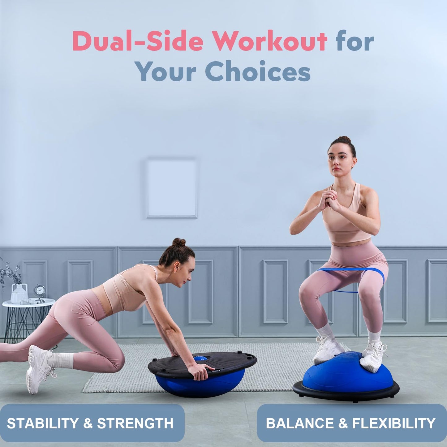 kisnbld Half Balance Ball Trainer, Inflatable 19/23 Inch Half Exercise Ball with Resistance Bands and Pilates Bal, Non-Slip 660lbs Capacity Yoga Ball for Home Gym Full Body Workouts