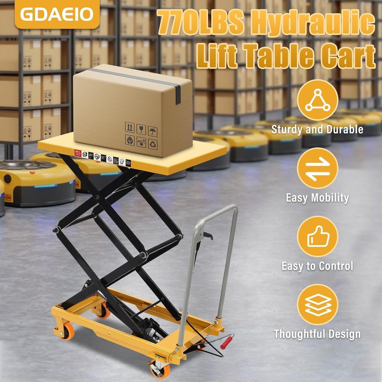 Hydraulic Lift Table Cart, 770lbs Load Capacity 51" Lifting Height with 4 Wheels, Hydraulic Scissor Cart for Material Handling Transportation