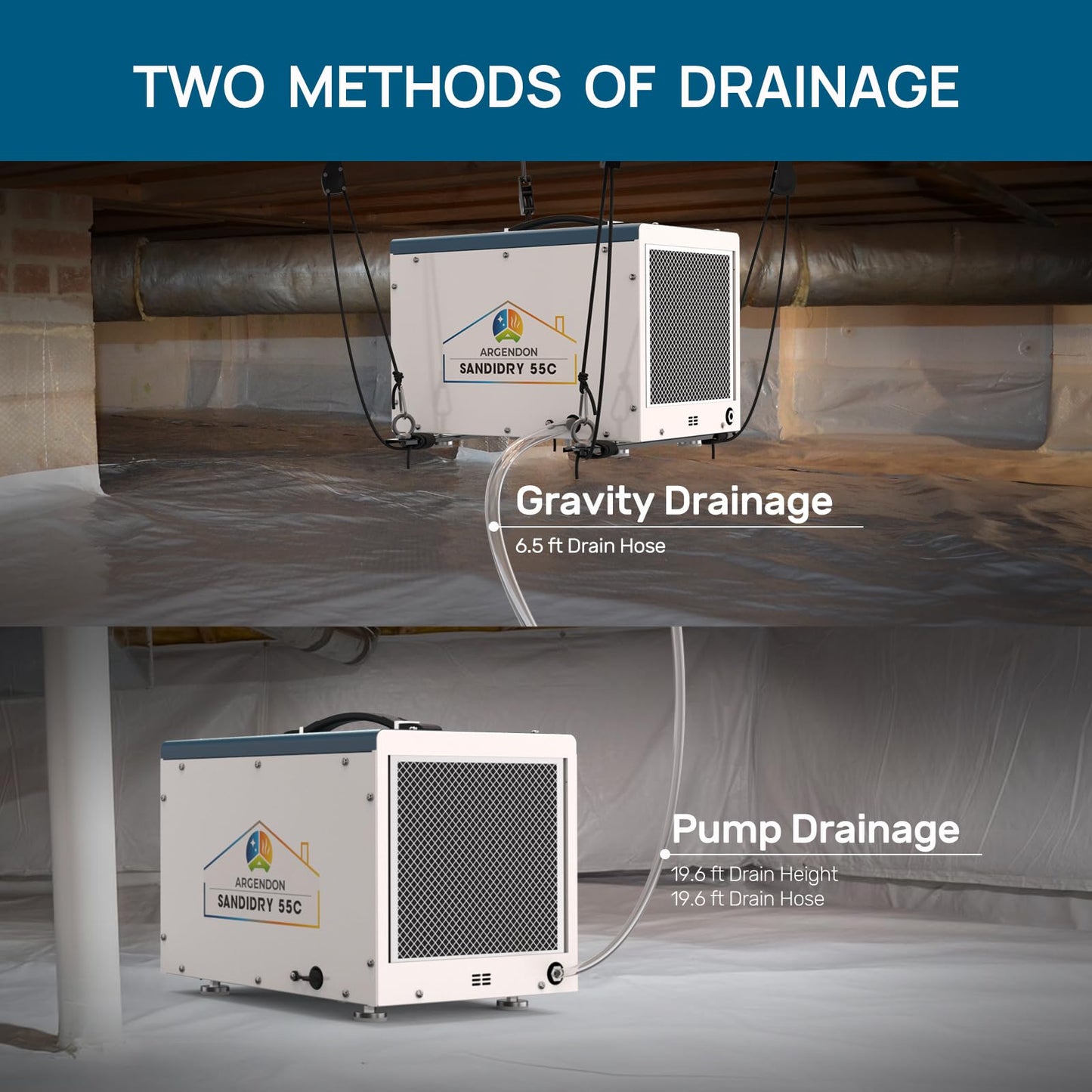 ARGENDON Commercial Dehumidifiers with Pump and Drain Hose for Crawlspace, Basement, 120 PPD Crawl Space Dehumidifier for Large Spaces, Job Site, Auto Defrost, 5-Year Limited Warranty