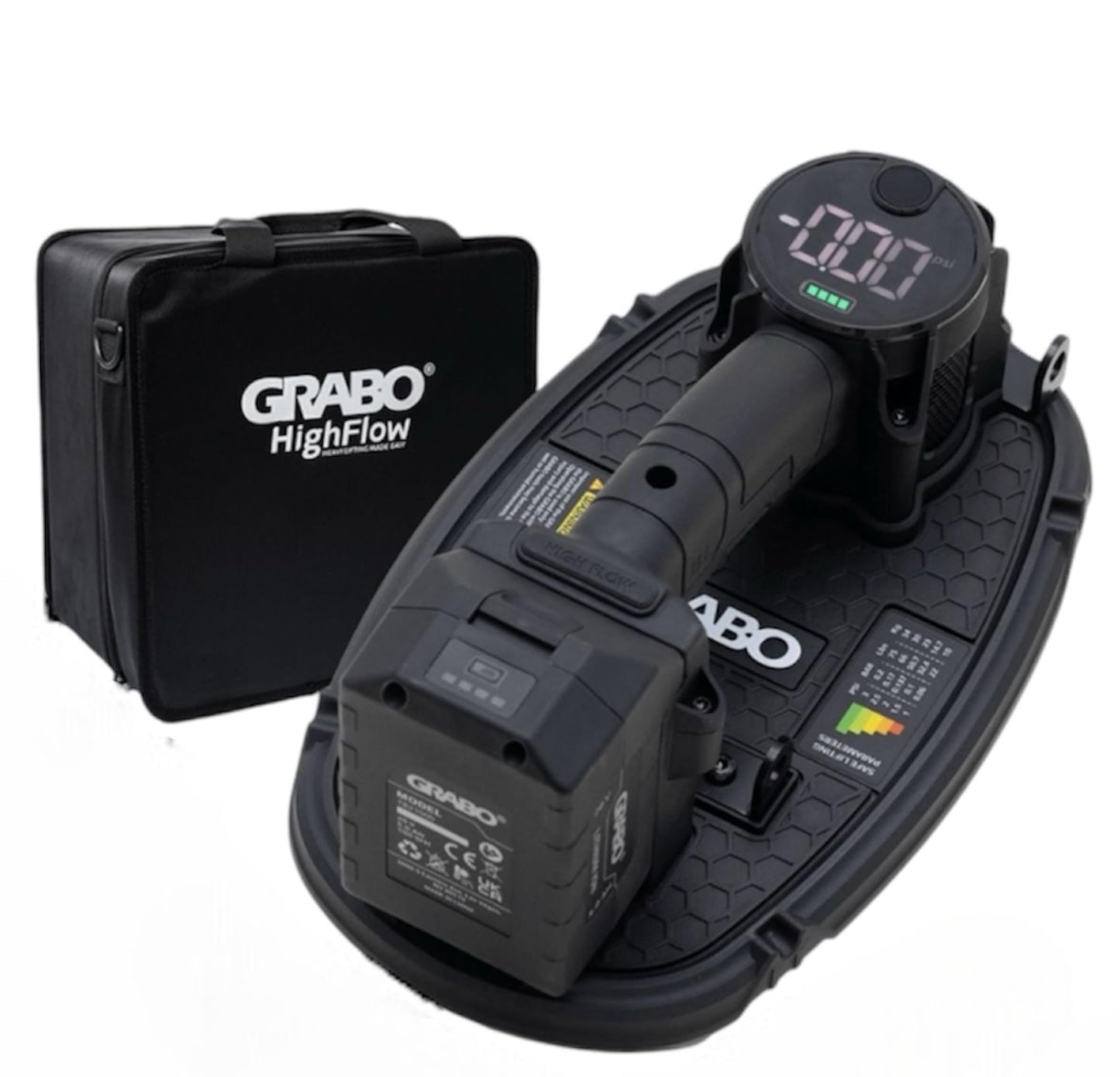 GRABO High-Flow Cordless Vacuum Lifter | 242 lbs Capacity | LED Pressure Display | Ergonomic Pistol Grip | SMART CUT Foam Seal | Lifts Porous Materials, Dry Cast Pavers | Pro Construction Tool
