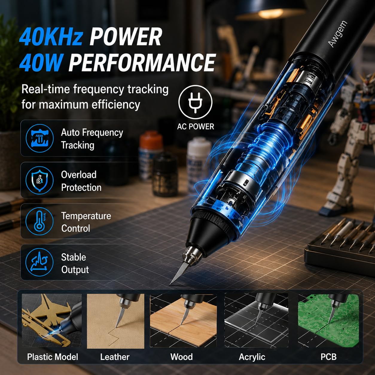 Ultrasonic Cutter Knife,40kHz Vibration & 40W,2in1 Ultrasonic Cutter & Polisher,Auto Power Adjustment,3 Cutting Powers For 3D Printing,Model Mods & DIY
