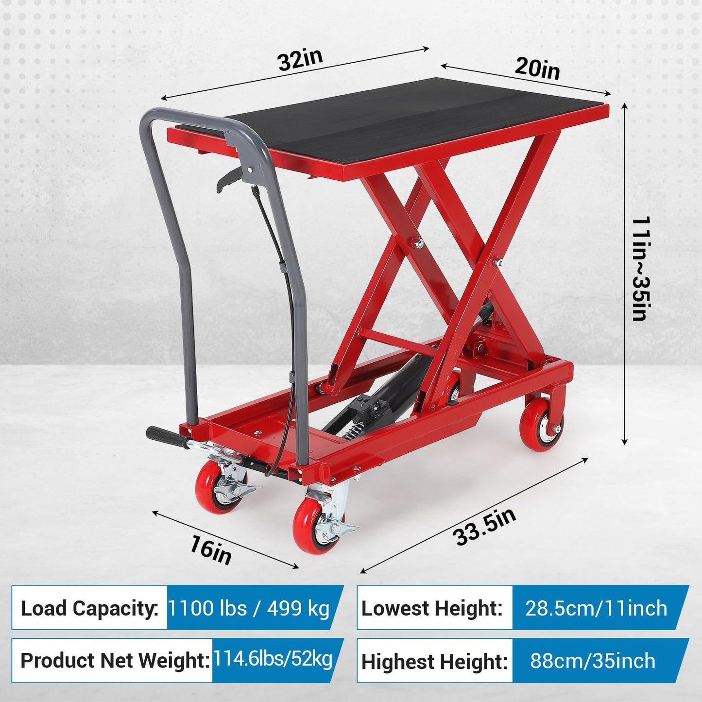 Garvee Hydraulic Lift Table Cart, 1100 LBS Capacity 35.4 in Lifting Height, Single Scissor Lift Table with 4 Wheels and Non-Slip Pad for Material Handling and Transportation, Red